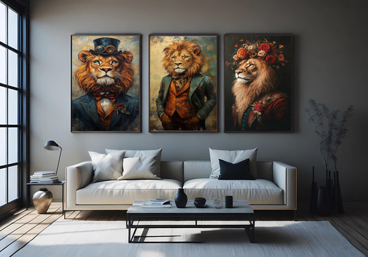 Lion Portrait Art Set: Royal Steampunk Style, Eclectic Wall Decor
