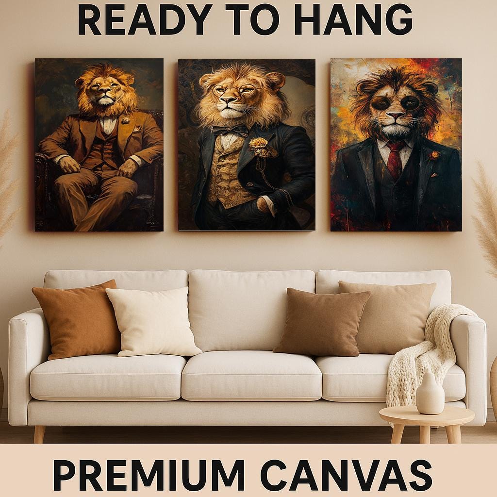 Dapper Lion Portrait Art - Set of 3 - Modern Animal Prints
