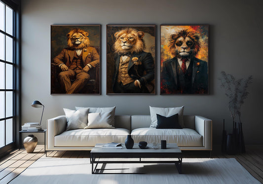 Dapper Lion Portrait Art - Set of 3 - Modern Animal Prints