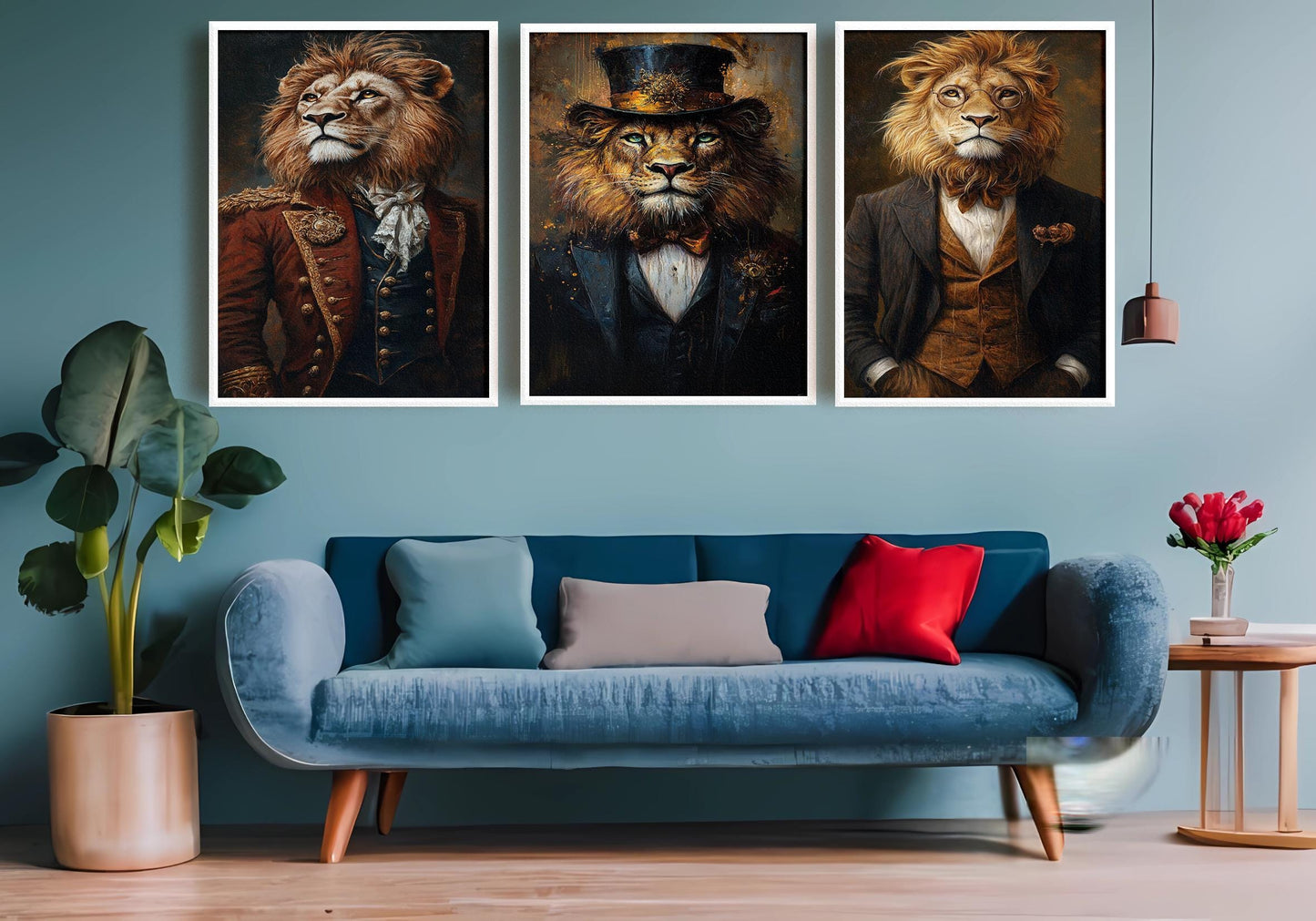Victorian Steampunk Lion Portrait Art - Set of 3 - Regal Animal Prints