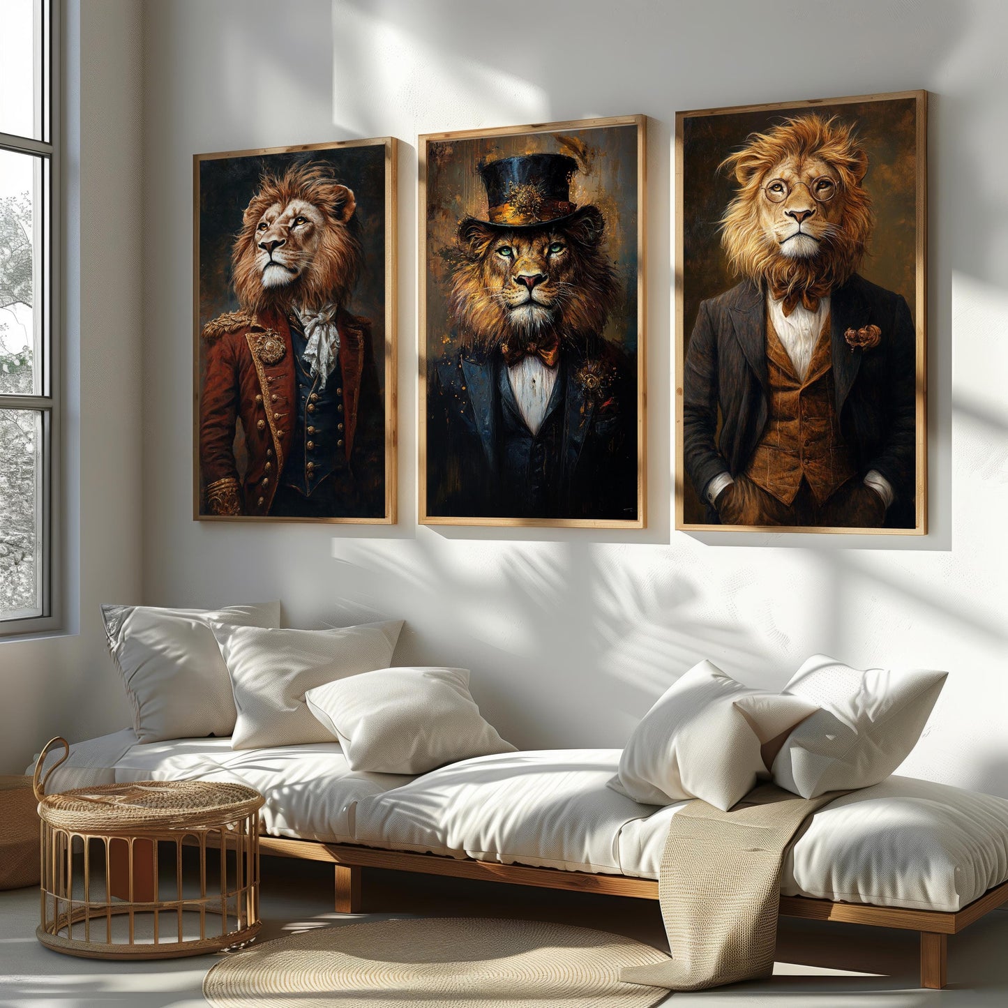 Victorian Steampunk Lion Portrait Art - Set of 3 - Regal Animal Prints