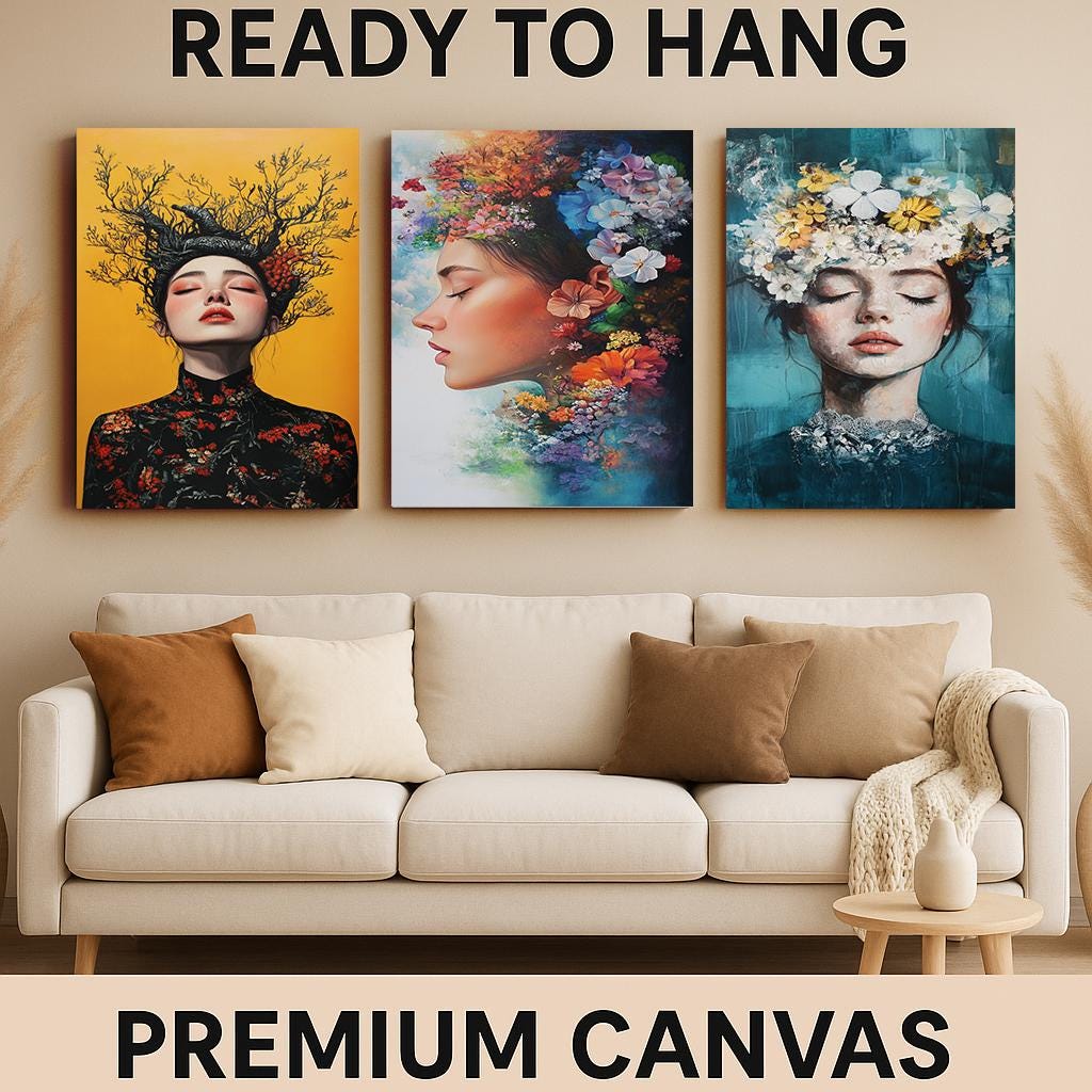 Floral Woman Portrait Art Set: Surreal Botanical Canvas Prints