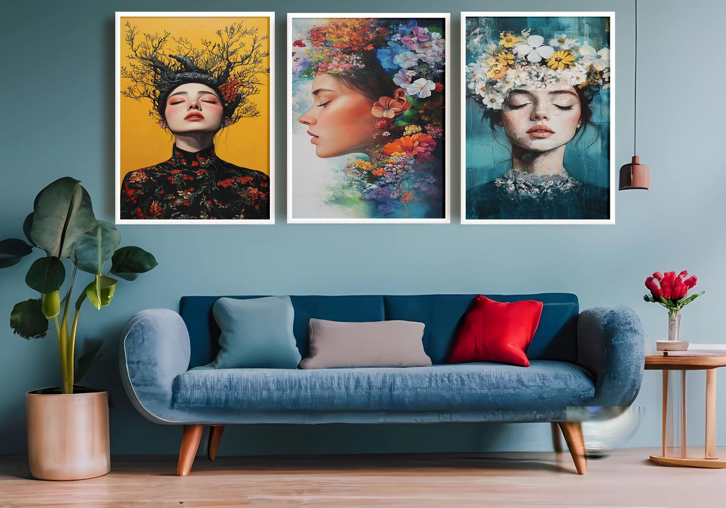 Floral Woman Portrait Art Set: Surreal Botanical Canvas Prints