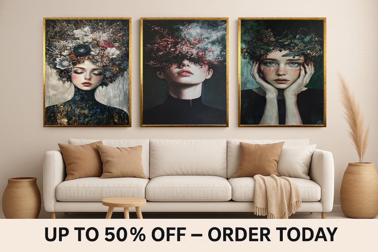 Gothic Floral Woman Portrait Canvas Print Set: Moody Surreal Art