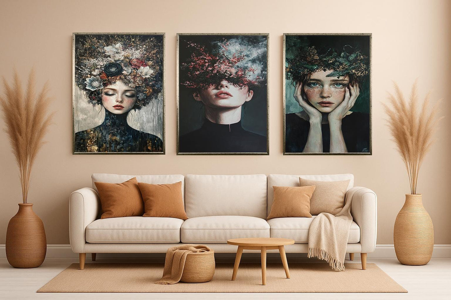 Gothic Floral Woman Portrait Canvas Print Set: Moody Surreal Art