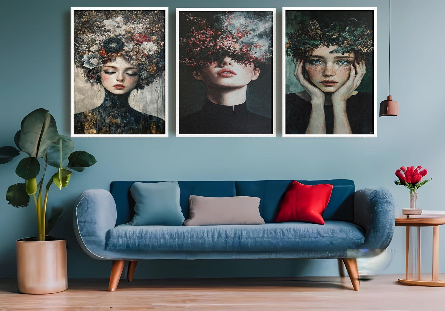 Gothic Floral Woman Portrait Canvas Print Set: Moody Surreal Art