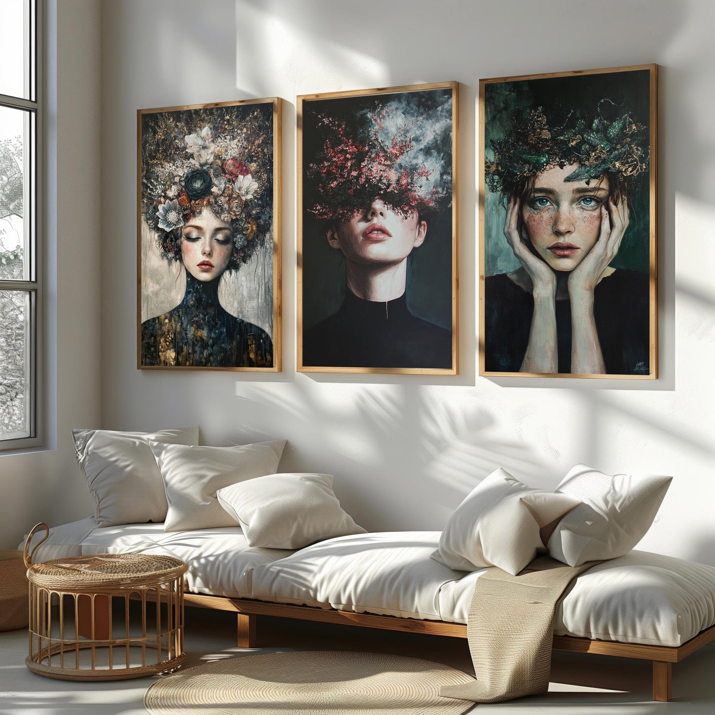 Gothic Floral Woman Portrait Canvas Print Set: Moody Surreal Art