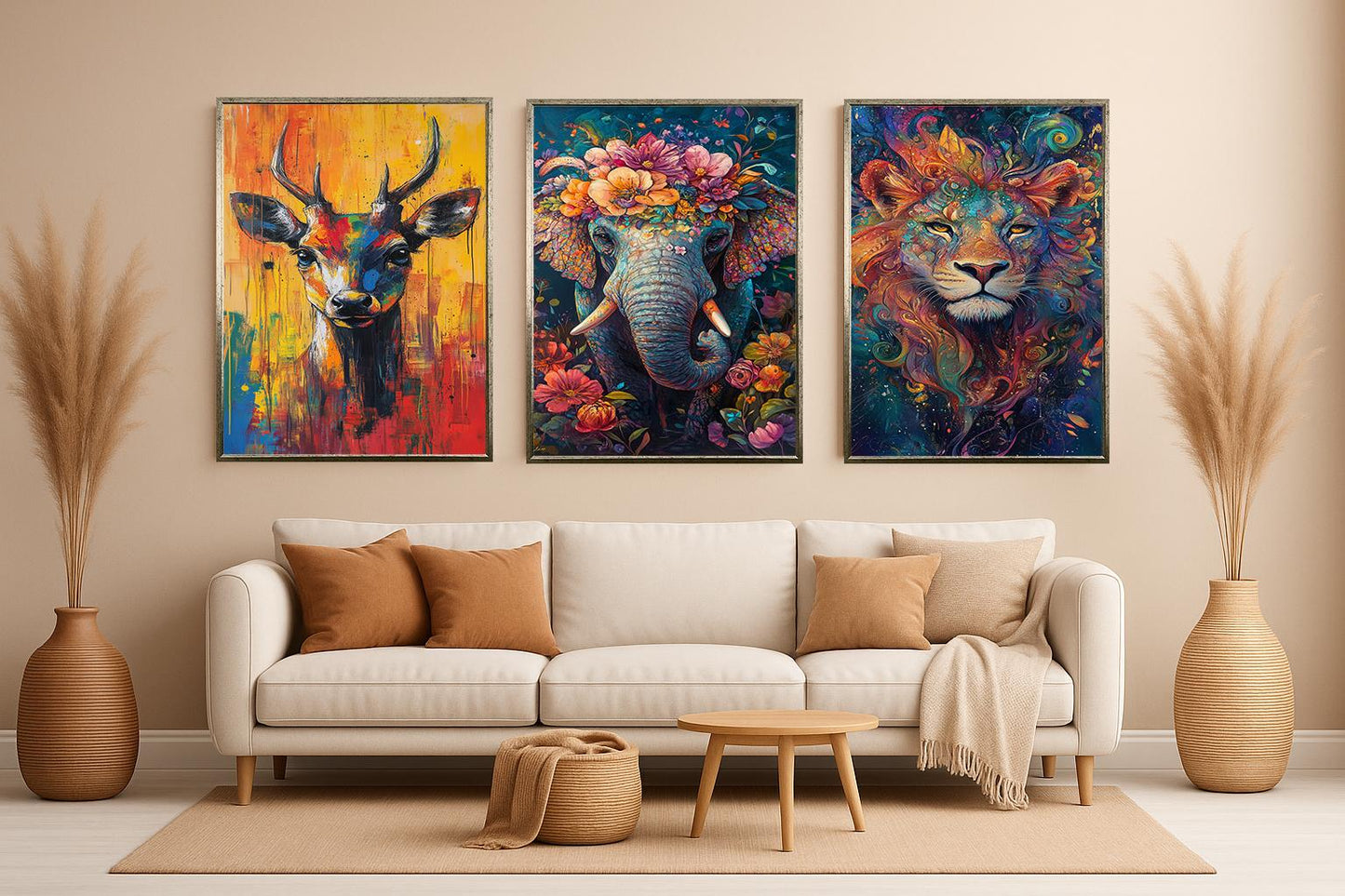 Abstract Animal Prints Set: Boho Elephant, Lion, Deer