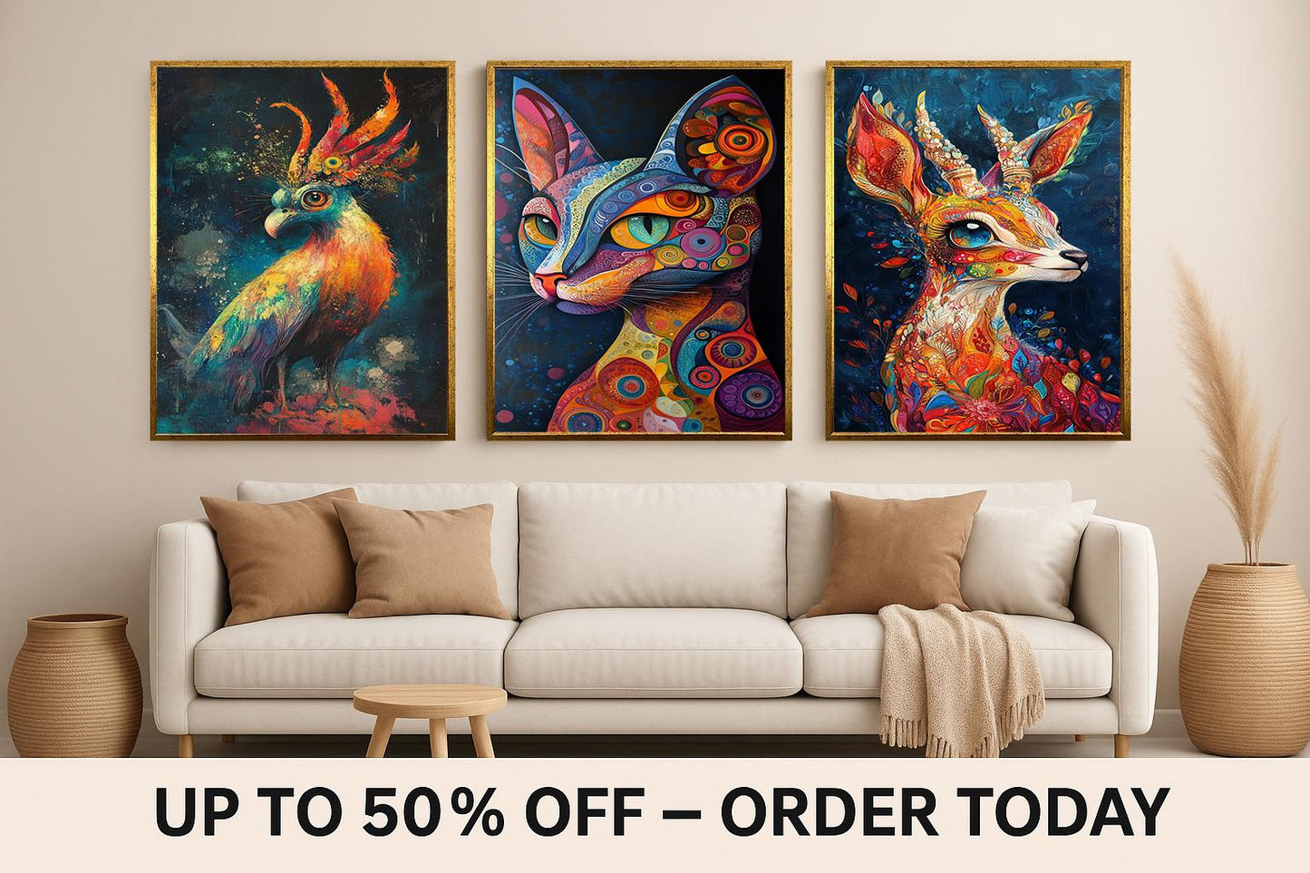 Psychedelic Animal Prints Set: Boho Abstract Cat, Deer, Bird Wall Art