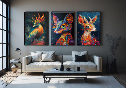 Psychedelic Animal Prints Set: Boho Abstract Cat, Deer, Bird Wall Art