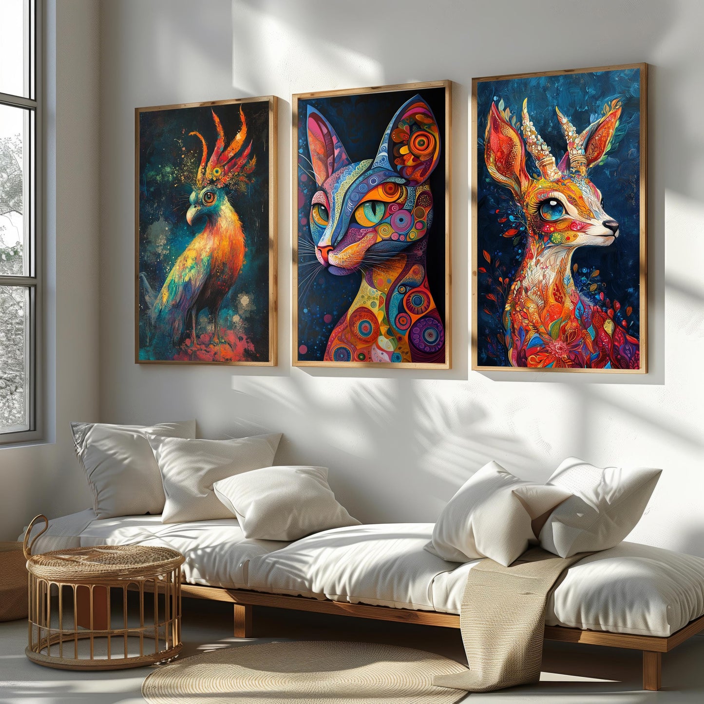 Psychedelic Animal Prints Set: Boho Abstract Cat, Deer, Bird Wall Art