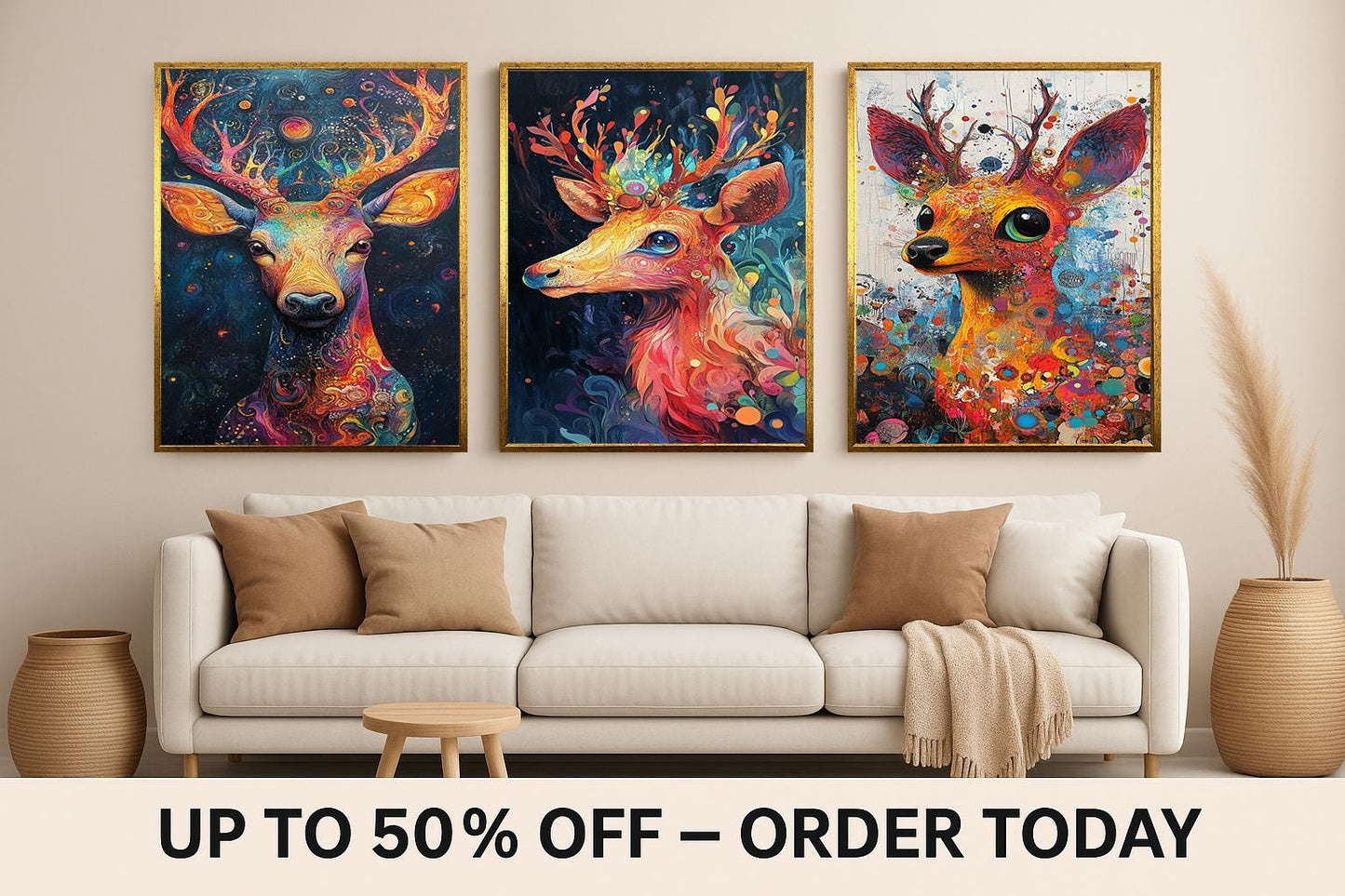 Psychedelic Deer Canvas Print Set: Boho Forest Animal Wall Art