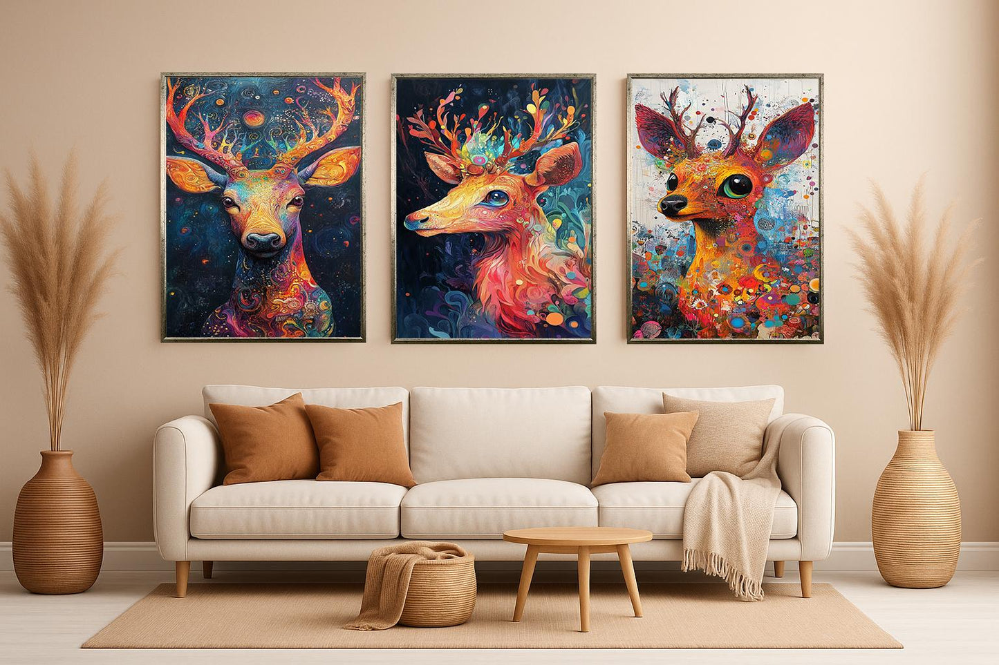 Psychedelic Deer Canvas Print Set: Boho Forest Animal Wall Art