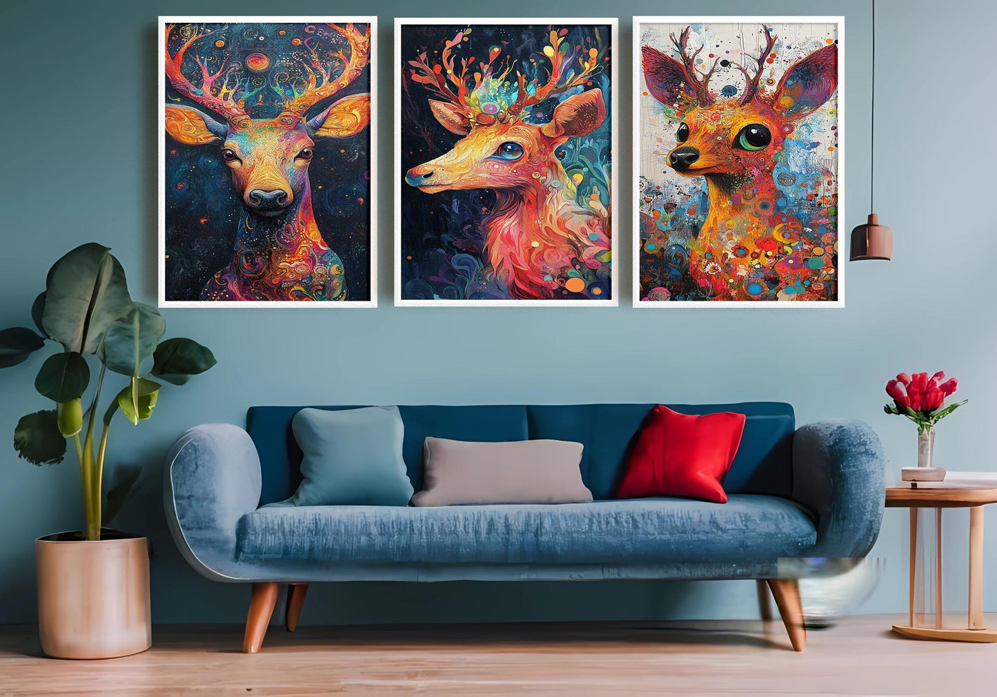 Psychedelic Deer Canvas Print Set: Boho Forest Animal Wall Art