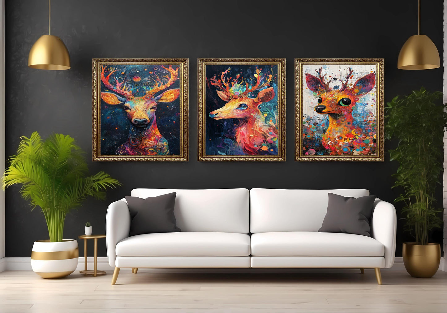 Psychedelic Deer Canvas Print Set: Boho Forest Animal Wall Art