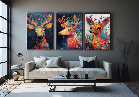 Psychedelic Deer Canvas Print Set: Boho Forest Animal Wall Art