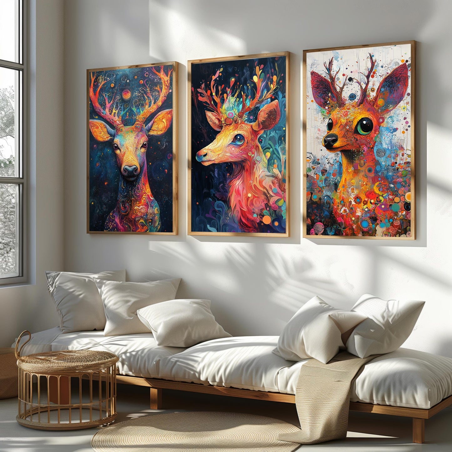 Psychedelic Deer Canvas Print Set: Boho Forest Animal Wall Art