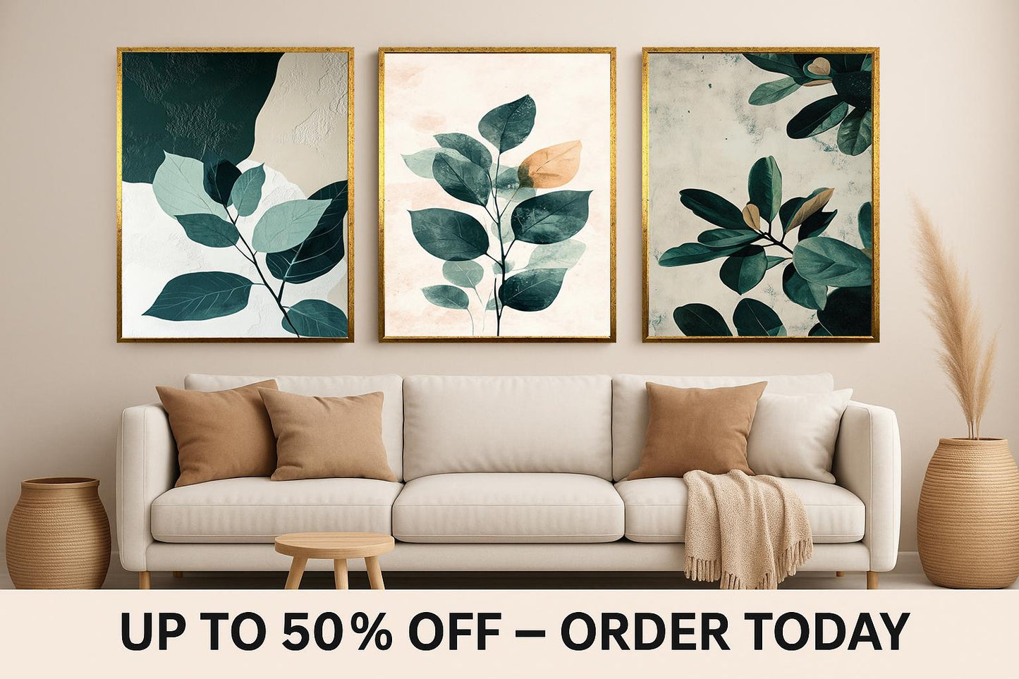 Botanical Leaf Art Prints Set: Neutral Greenery Textured Canvas