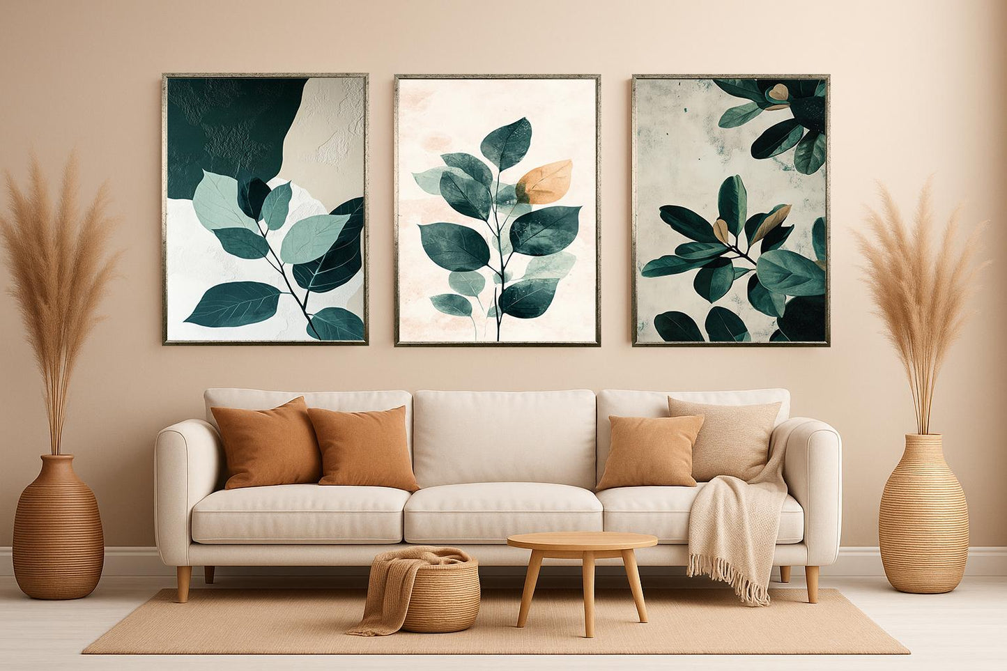 Botanical Leaf Art Prints Set: Neutral Greenery Textured Canvas