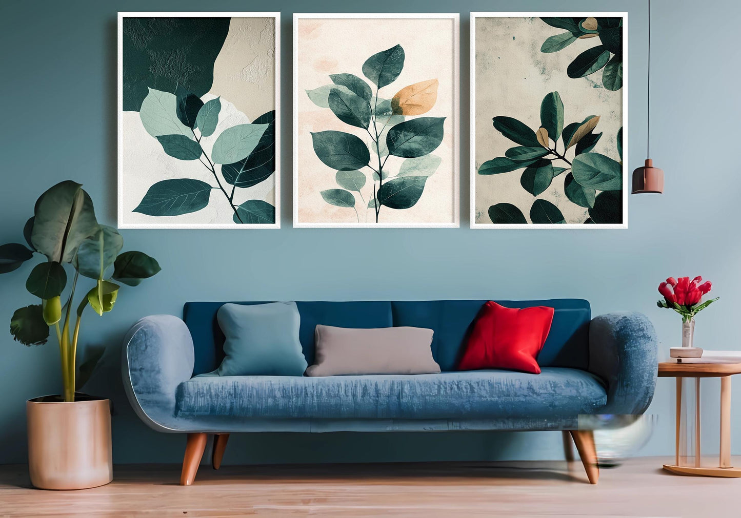 Botanical Leaf Art Prints Set: Neutral Greenery Textured Canvas