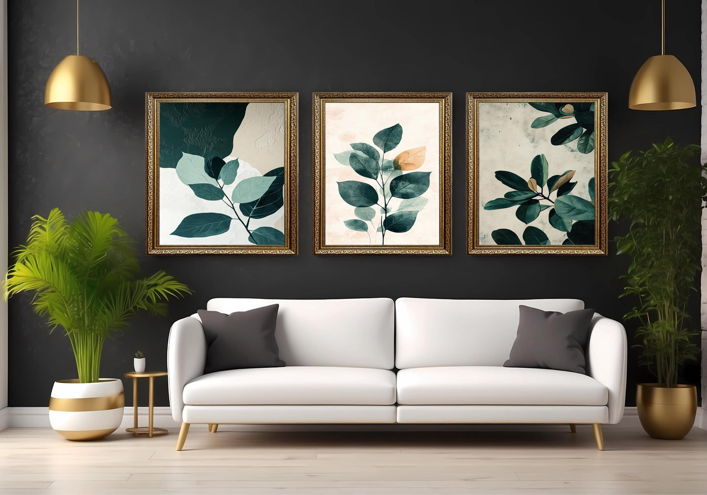 Botanical Leaf Art Prints Set: Neutral Greenery Textured Canvas
