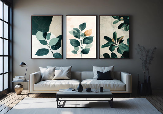 Botanical Leaf Art Prints Set: Neutral Greenery Textured Canvas