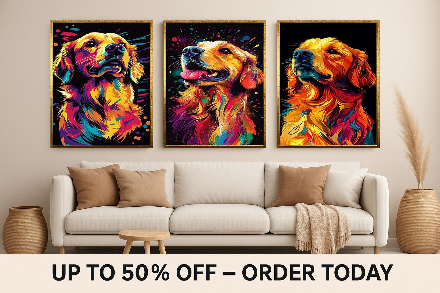 Golden Retriever Pop Art Canvas Print Set: Modern Dog Lover Decor