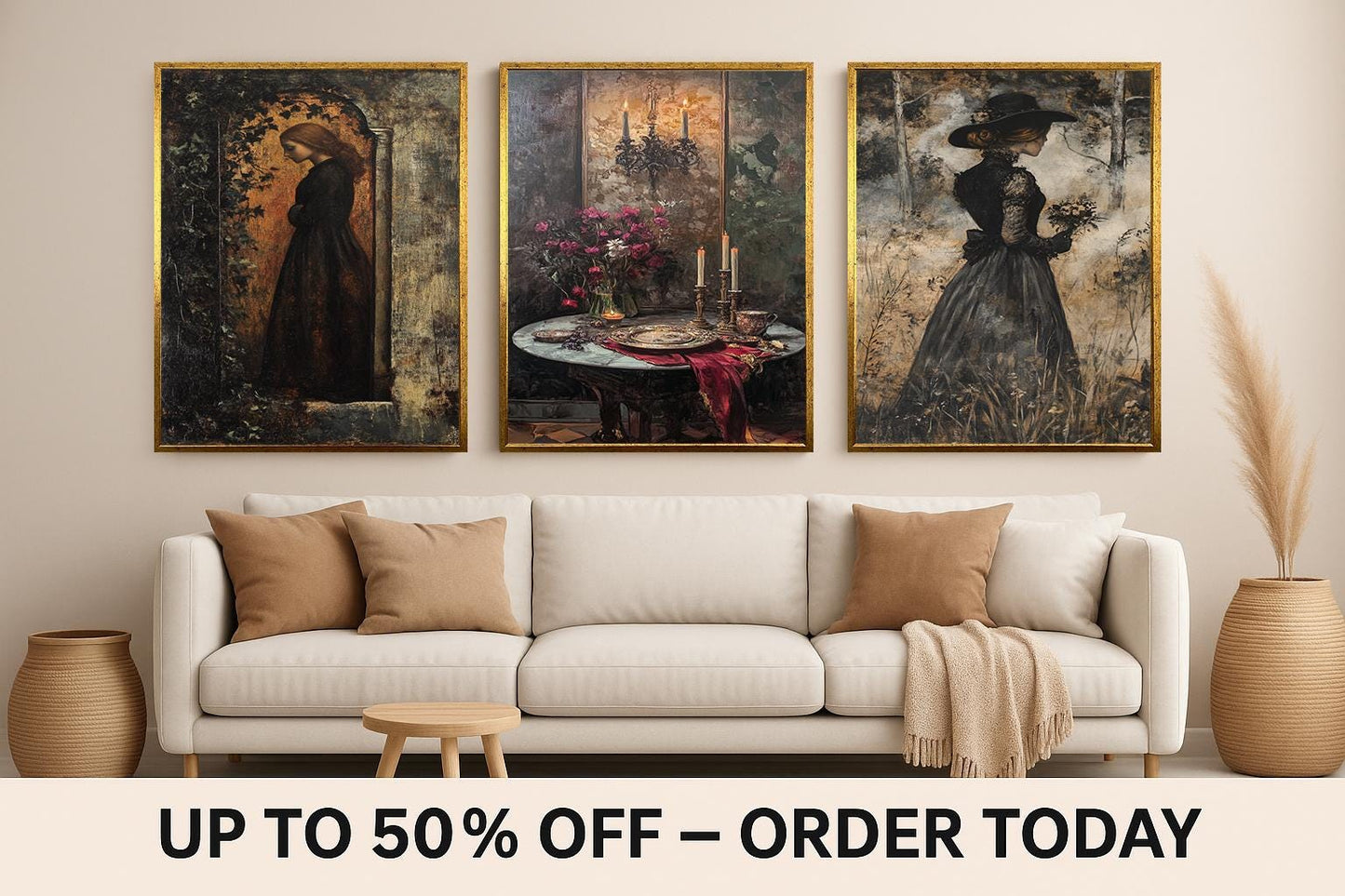 Dark Academia Wall Art Set: Gothic Candlelit Women Portraits