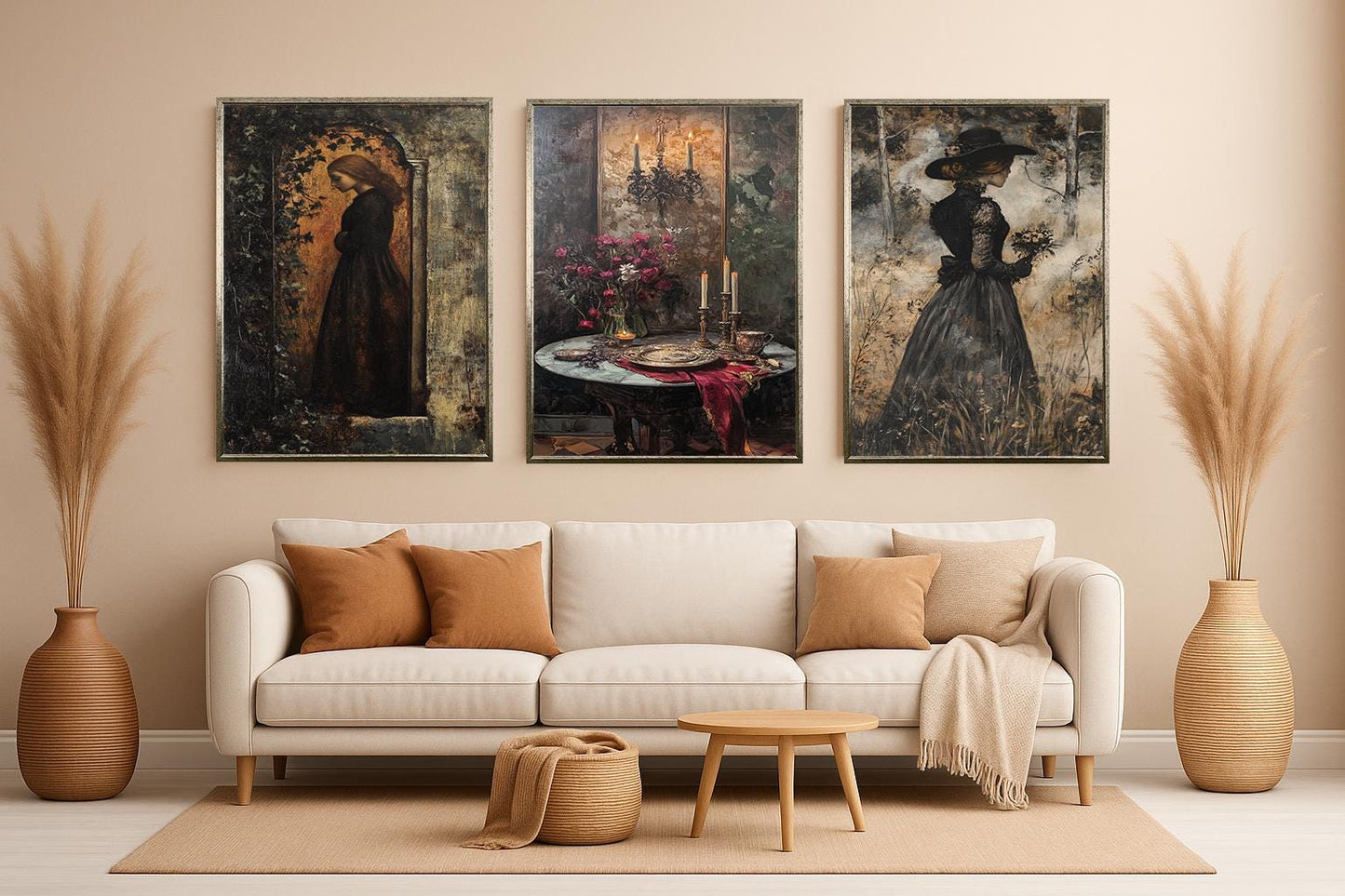 Dark Academia Wall Art Set: Gothic Candlelit Women Portraits