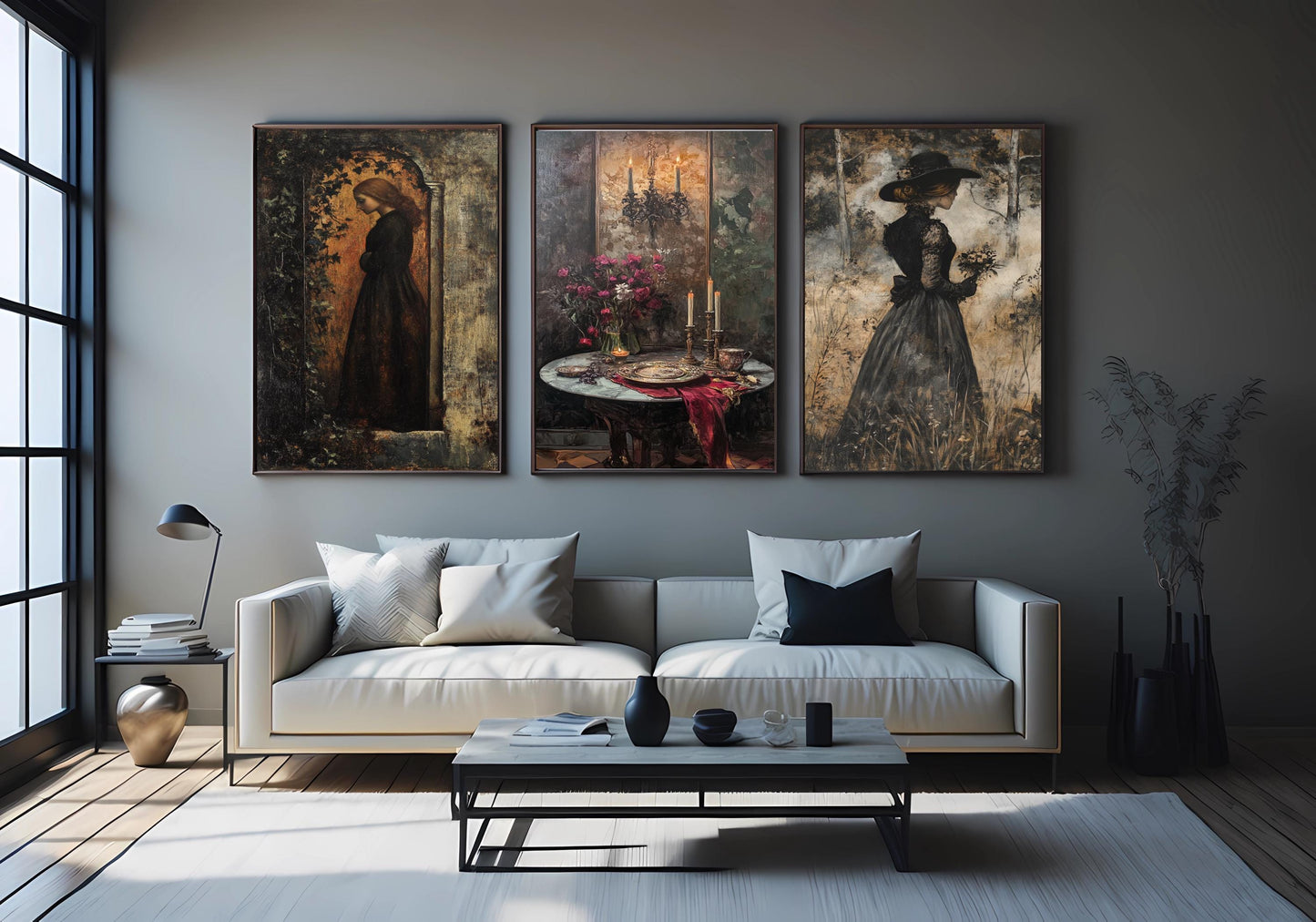 Dark Academia Wall Art Set: Gothic Candlelit Women Portraits