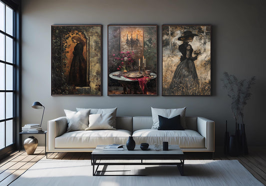 Dark Academia Wall Art Set: Gothic Candlelit Women Portraits