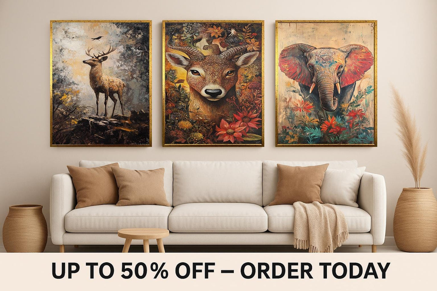 Rustic Animal Canvas Print Set: Deer, Elephant, Boho Forest Art