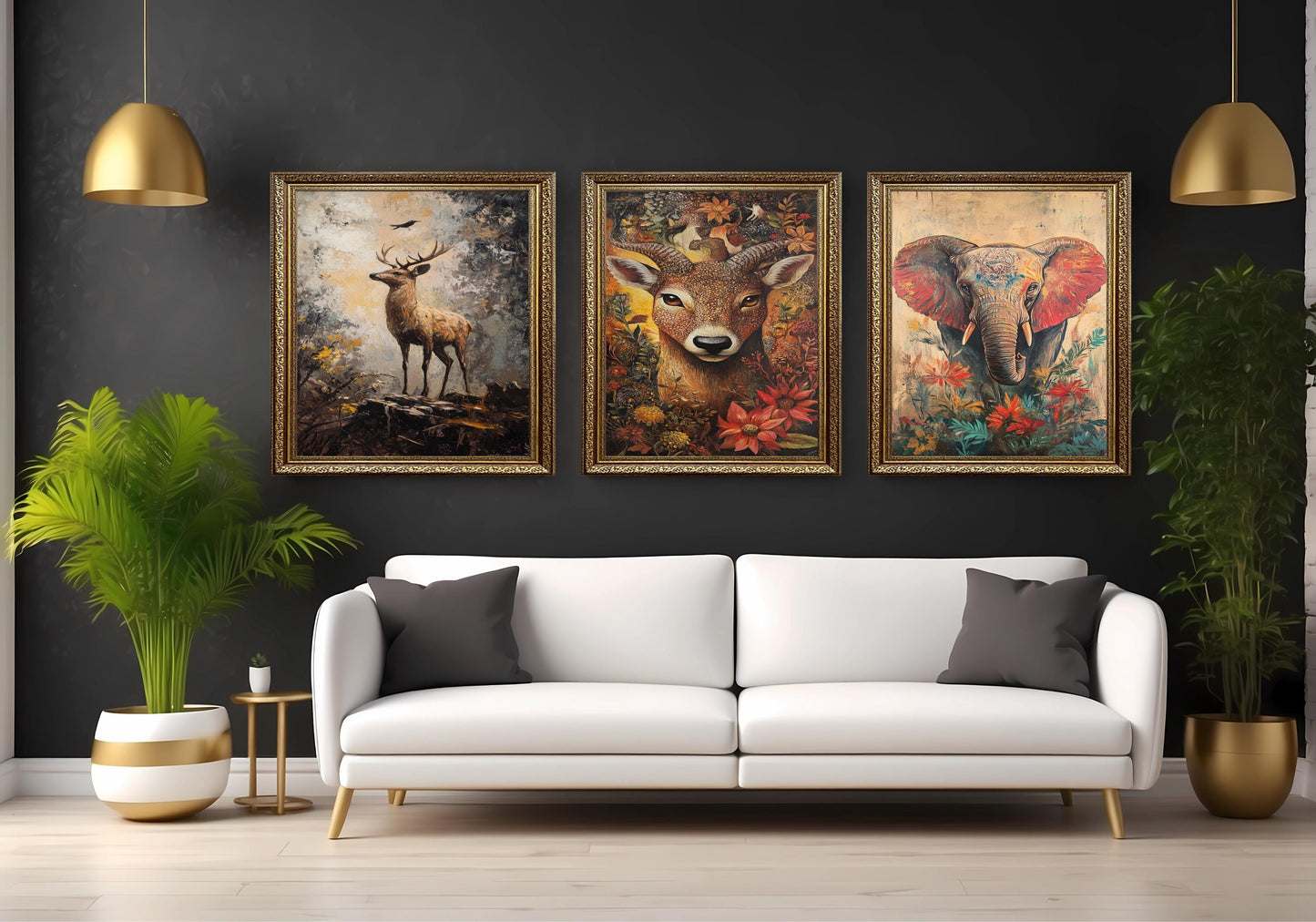 Rustic Animal Canvas Print Set: Deer, Elephant, Boho Forest Art