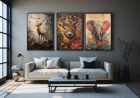 Rustic Animal Canvas Print Set: Deer, Elephant, Boho Forest Art