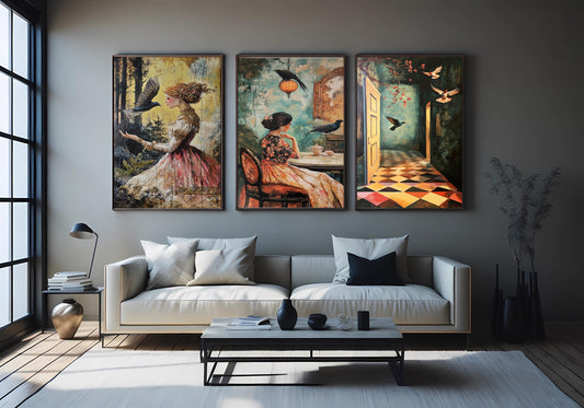 Surreal Woman with Birds Art Print Set: Vintage Fantasy Wall Decor