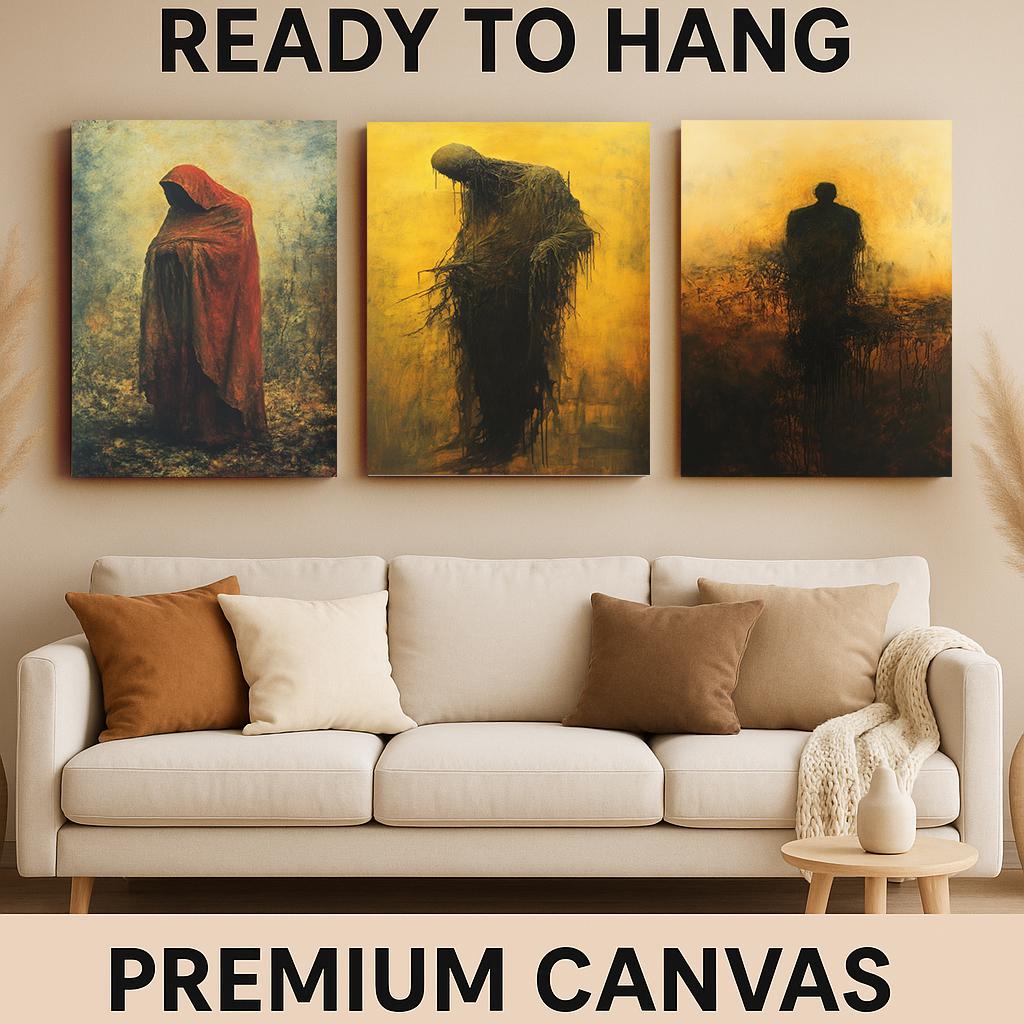 Gothic Shadow Figure Wall Art Set: Surreal Red Hood Horror Decor