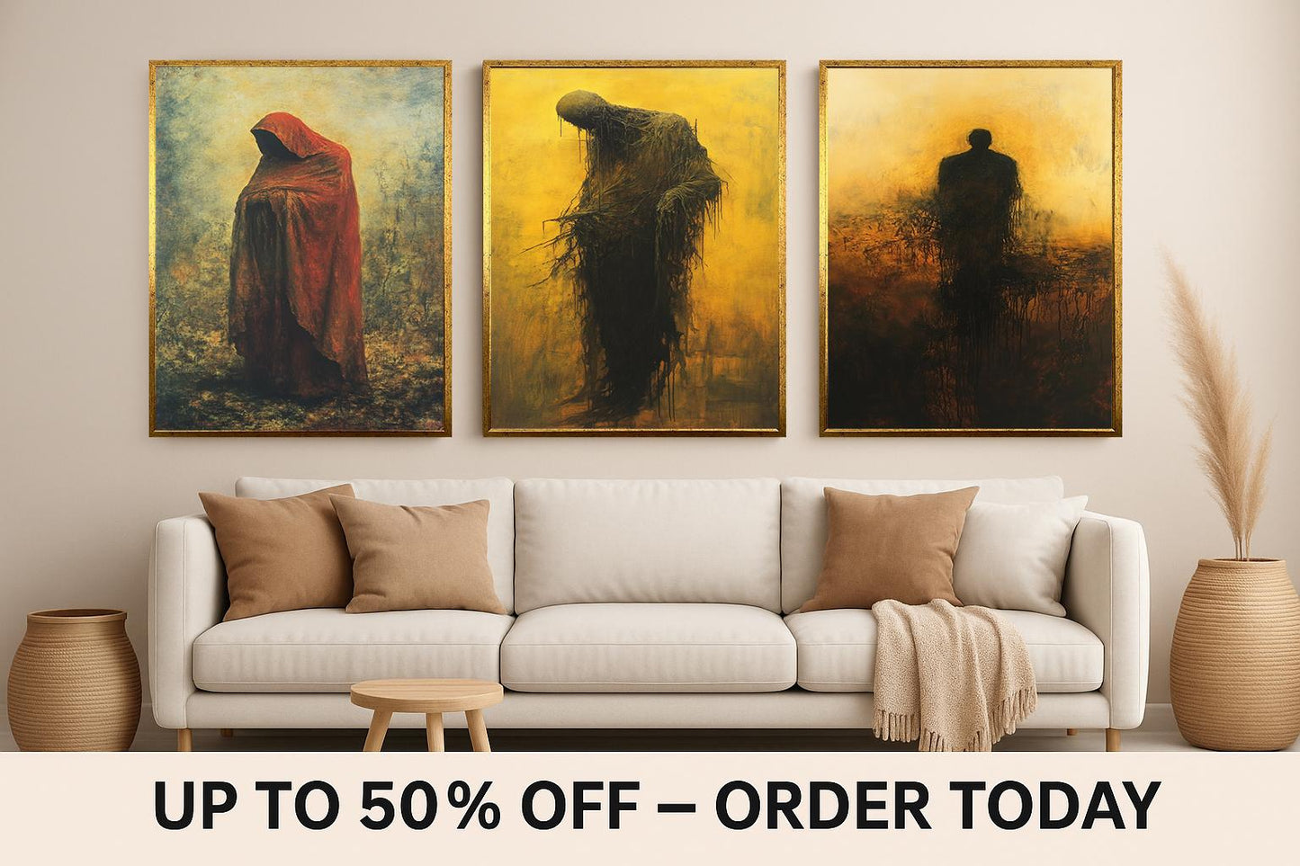Gothic Shadow Figure Wall Art Set: Surreal Red Hood Horror Decor
