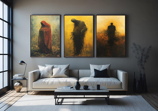Gothic Shadow Figure Wall Art Set: Surreal Red Hood Horror Decor