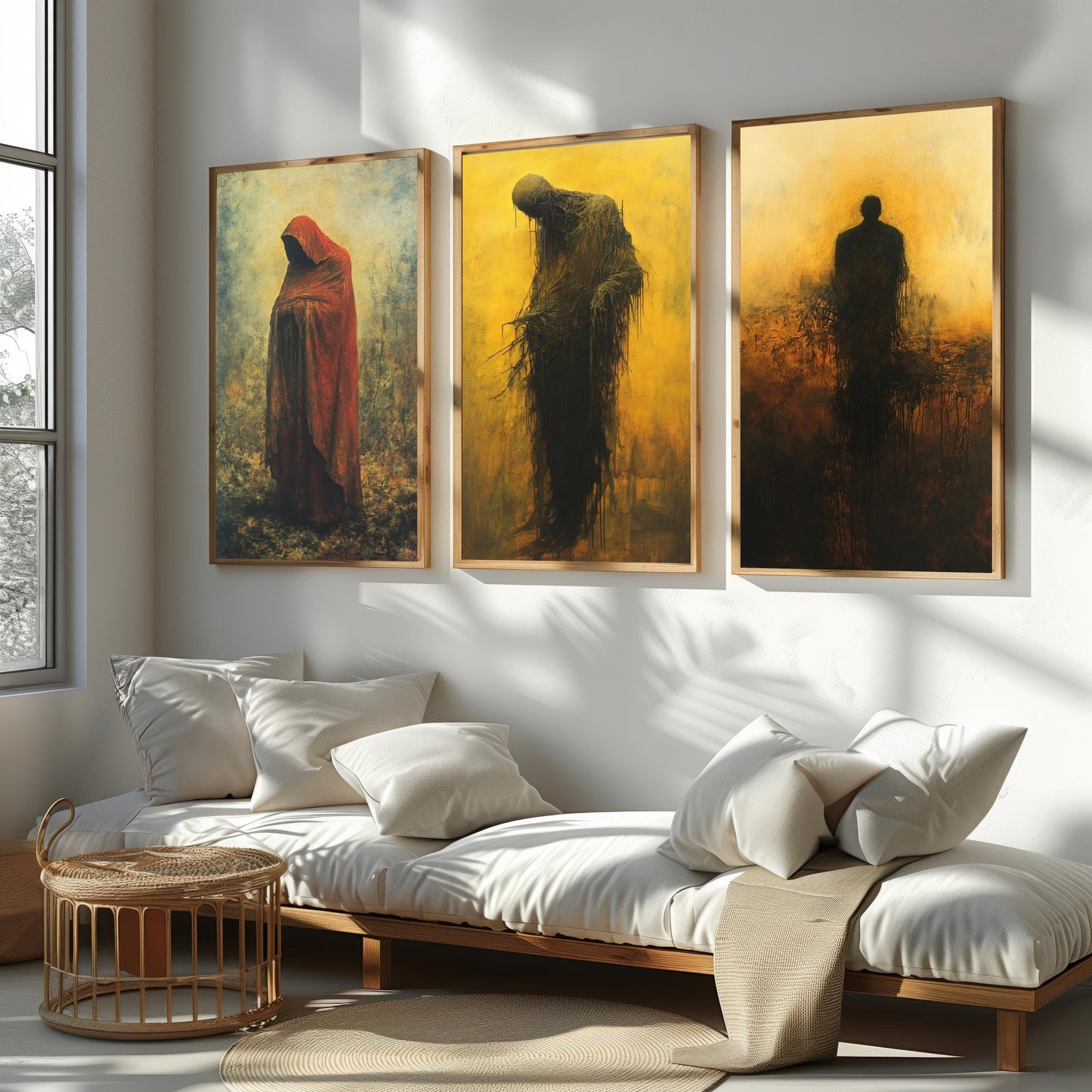 Gothic Shadow Figure Wall Art Set: Surreal Red Hood Horror Decor