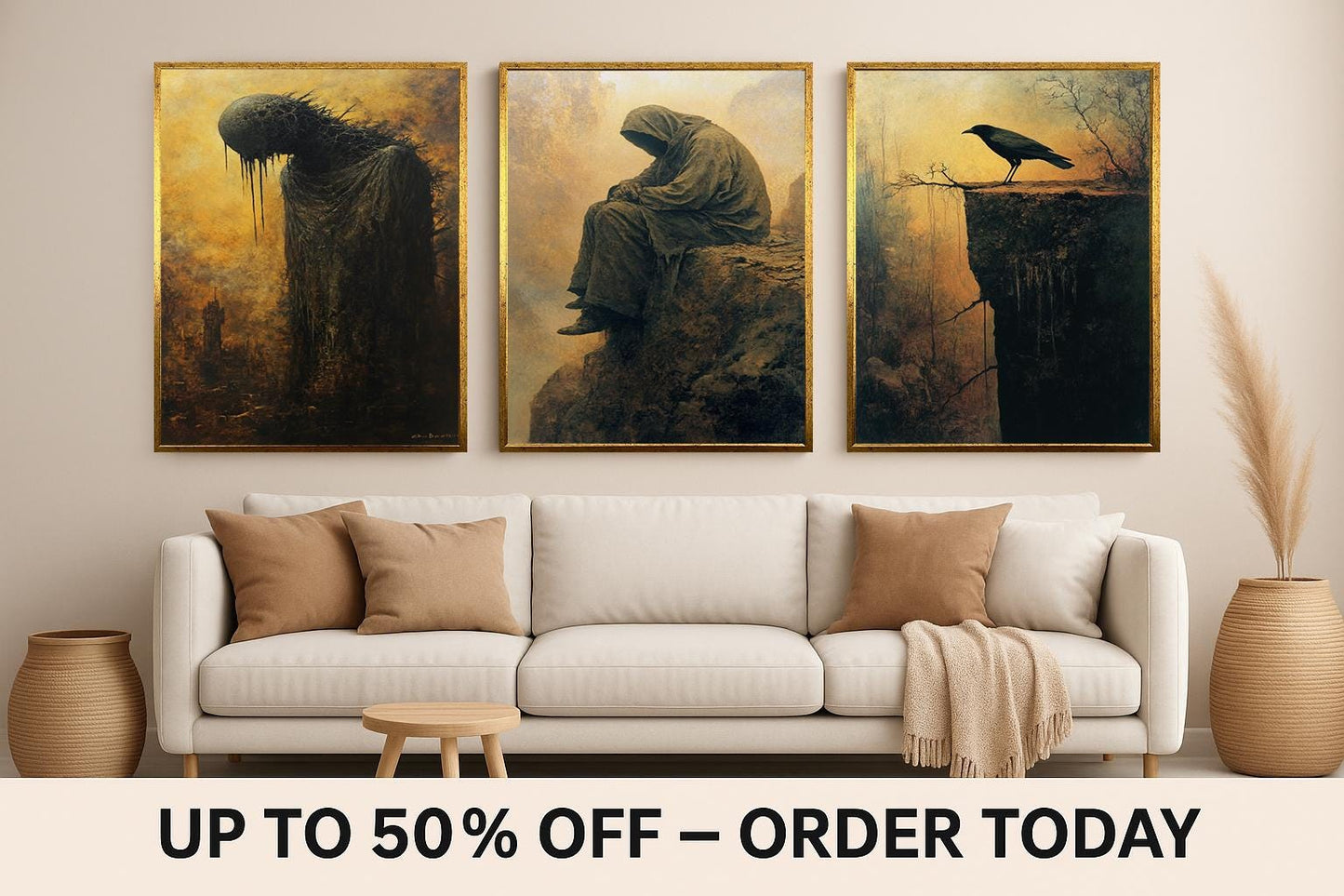 Gothic Horror Wall Art Set: Hooded Figure, Crow, Shadow Creature
