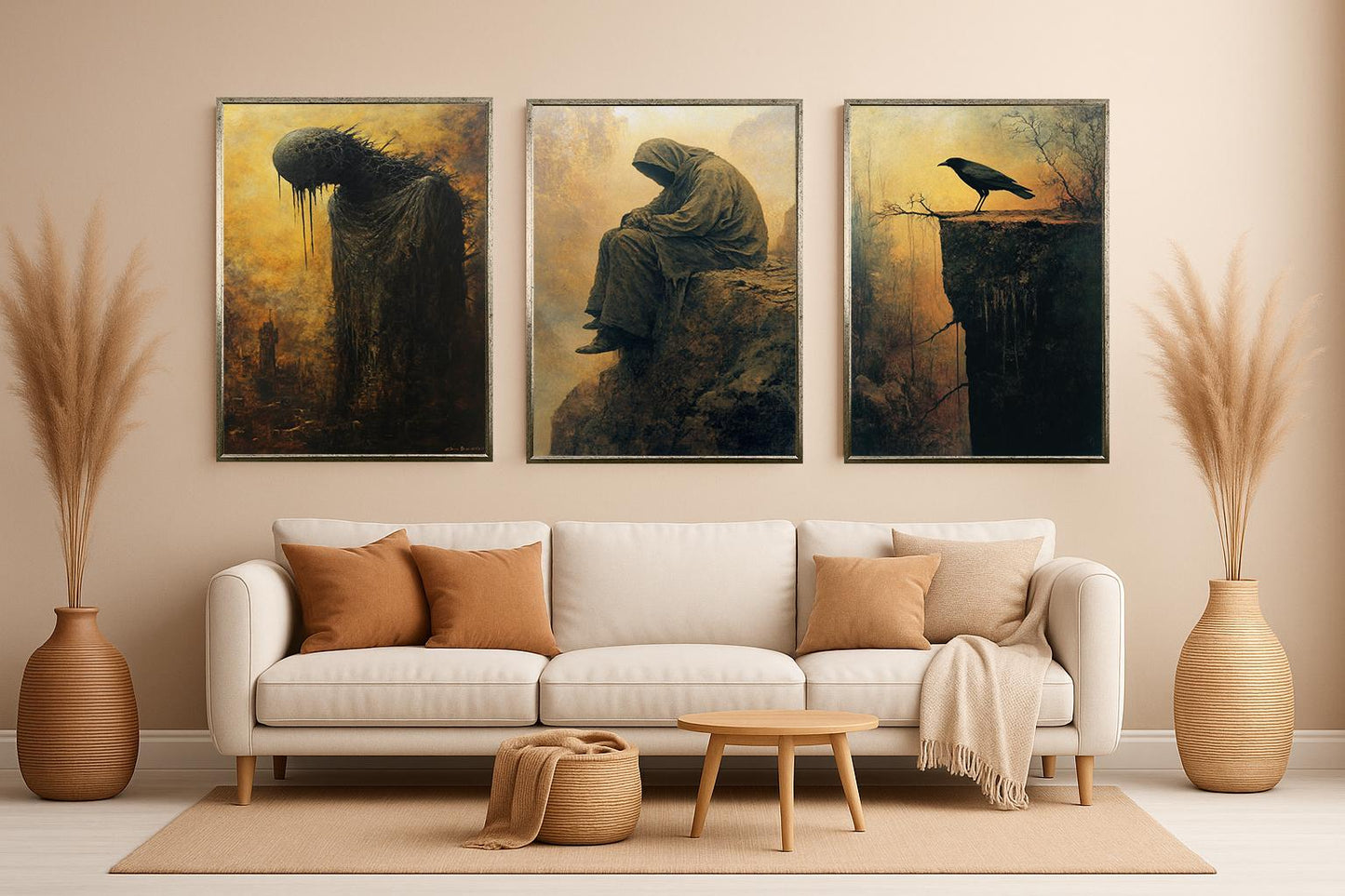Gothic Horror Wall Art Set: Hooded Figure, Crow, Shadow Creature