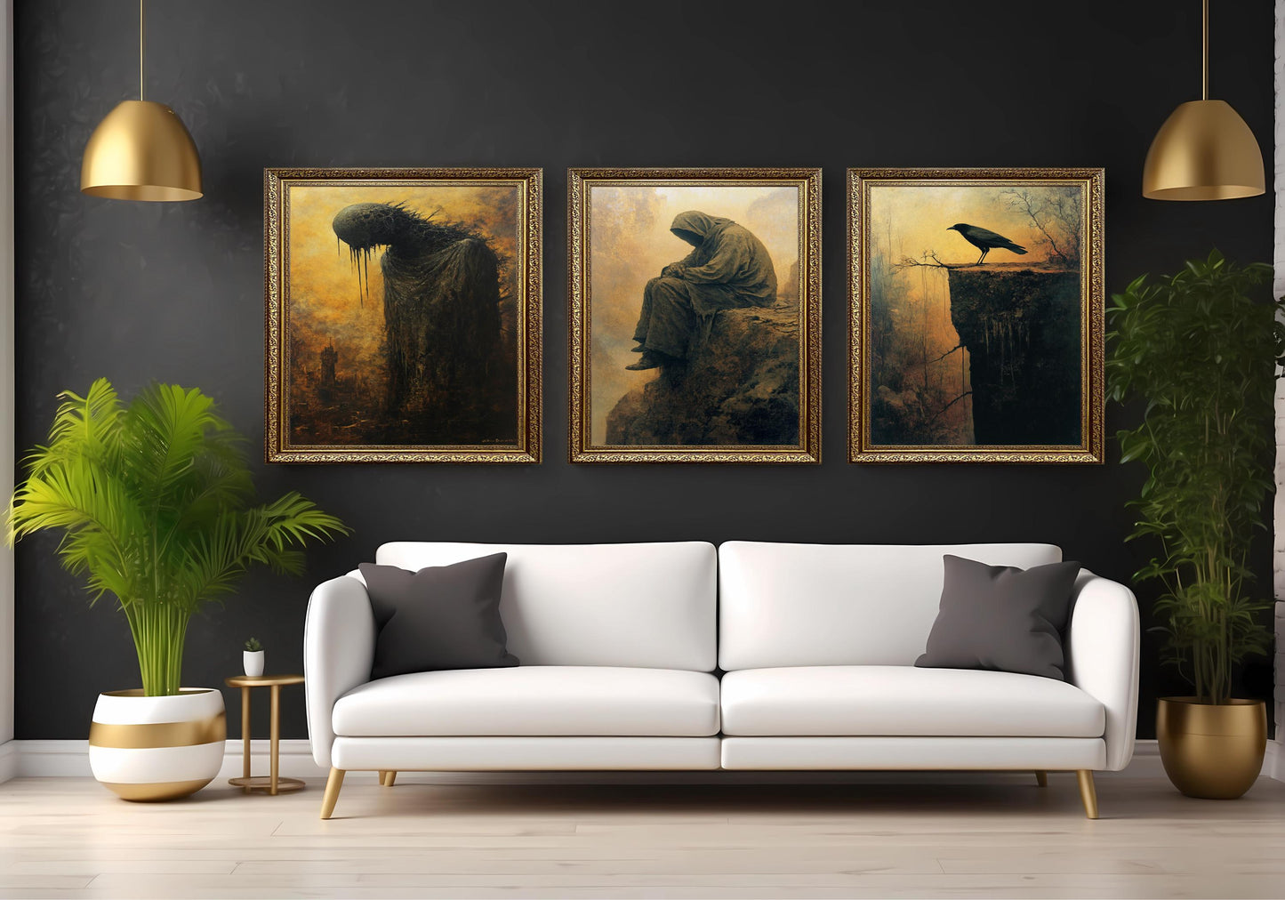 Gothic Horror Wall Art Set: Hooded Figure, Crow, Shadow Creature
