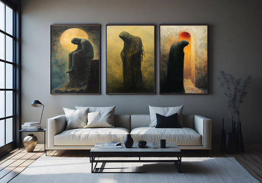 Gothic Horror Wall Art Set: Hooded Figures, Melancholy Silhouettes