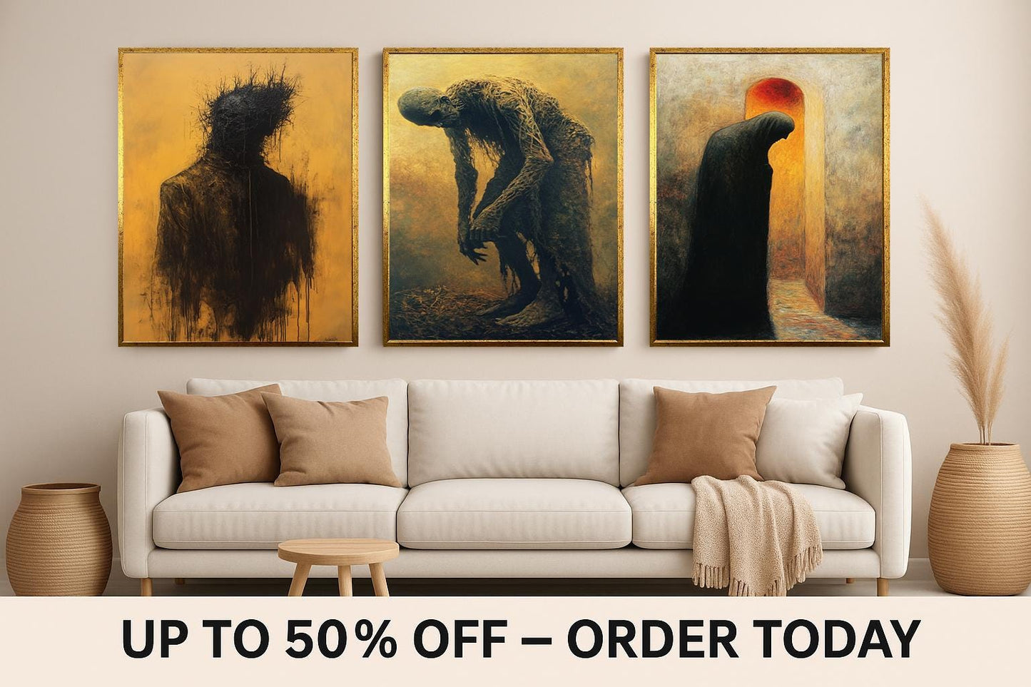 Gothic Horror Canvas Print Set: Decaying Figures, Shadow Silhouettes