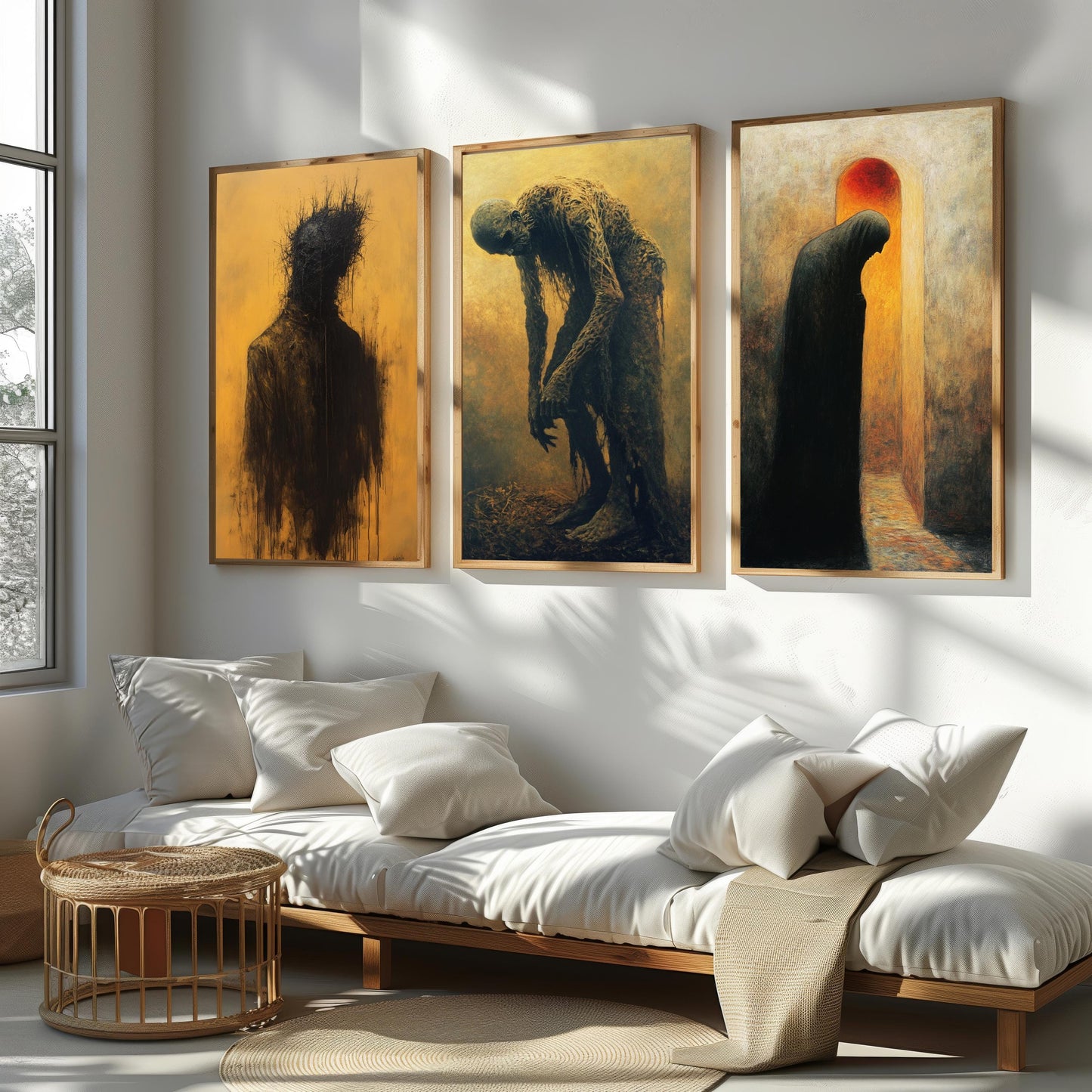 Gothic Horror Canvas Print Set: Decaying Figures, Shadow Silhouettes