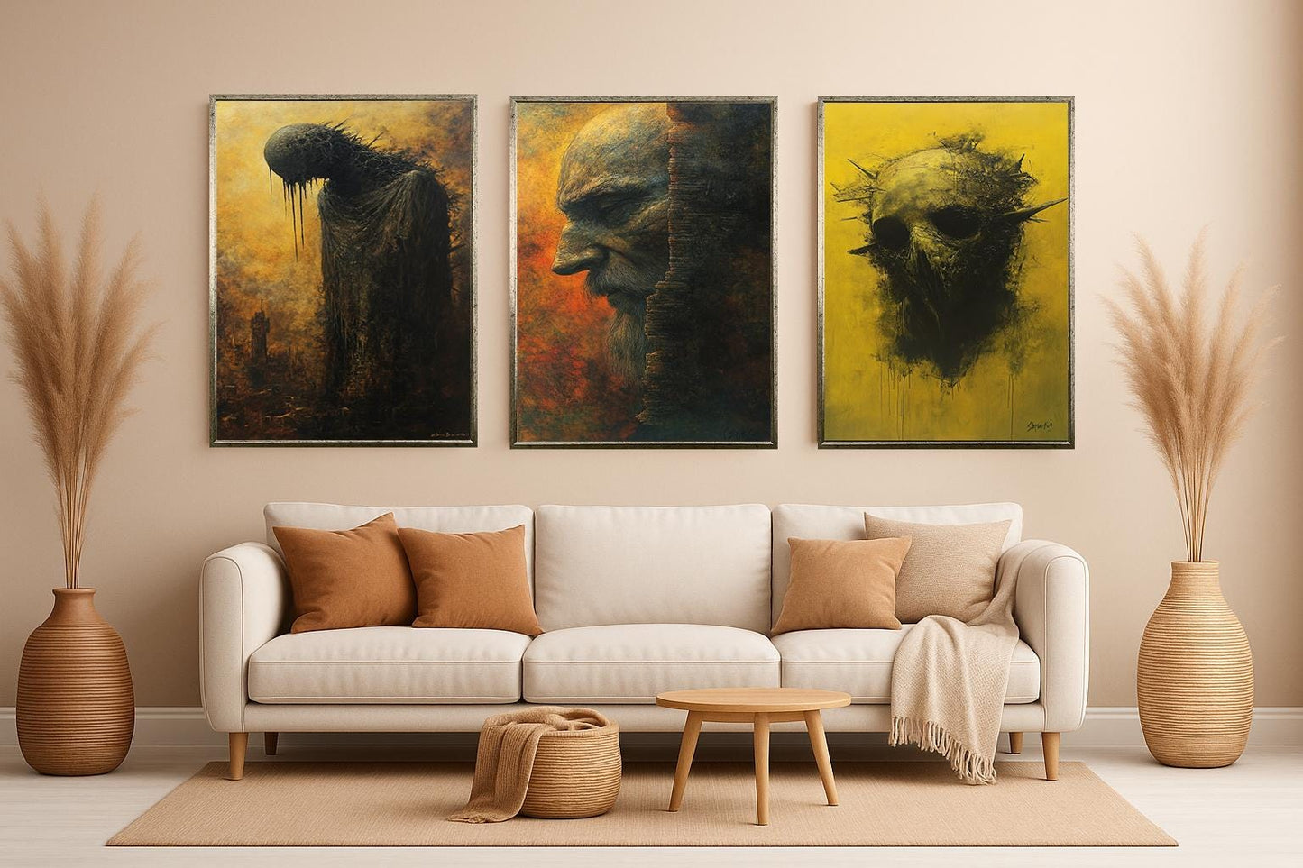 Dark Gothic Surreal Wall Art Set: Elder, Skull, Hooded Figure