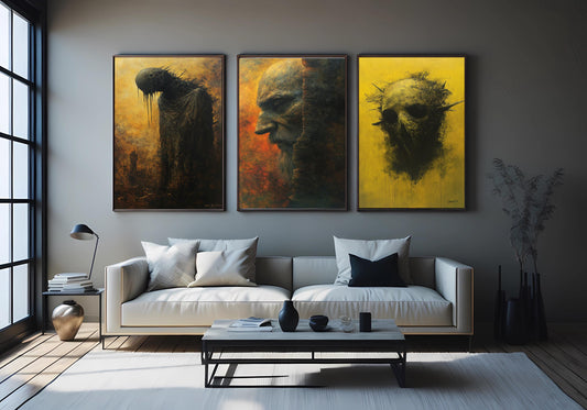 Dark Gothic Surreal Wall Art Set: Elder, Skull, Hooded Figure