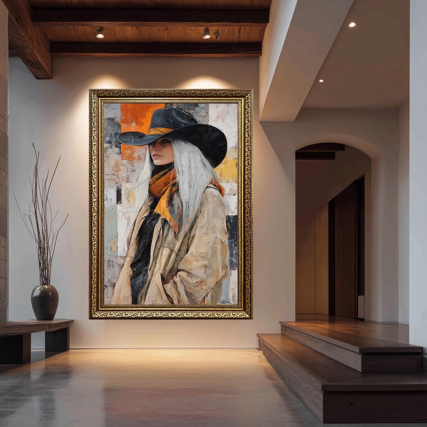 Abstract Cowgirl Oil Painting: Western Woman Art, Textured Canvas