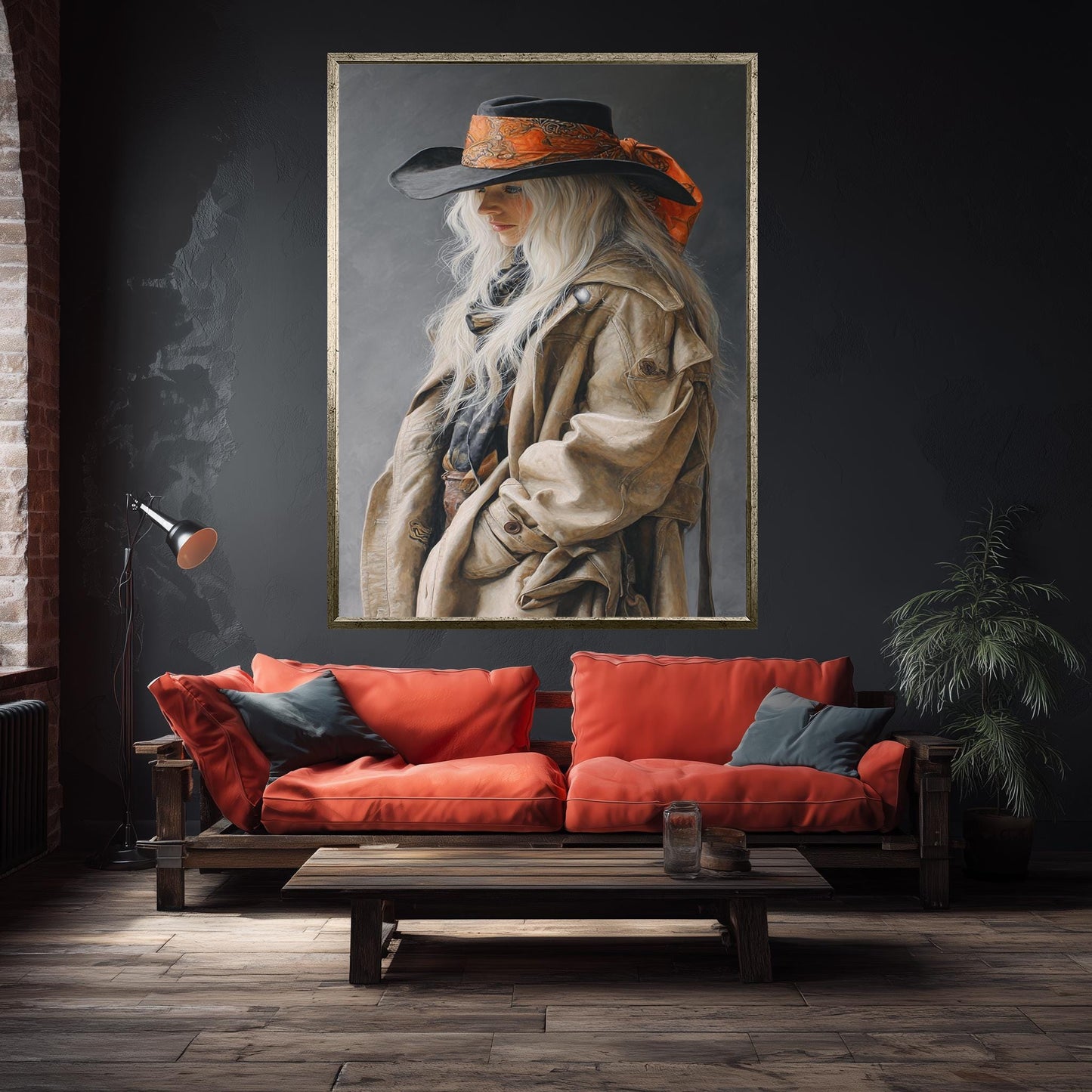 Western Cowgirl Abstract Oil Painting | Realistic Blonde Woman in Cowboy Hat Wall Art | Rustic Country Girl Canvas Art for Home Decor