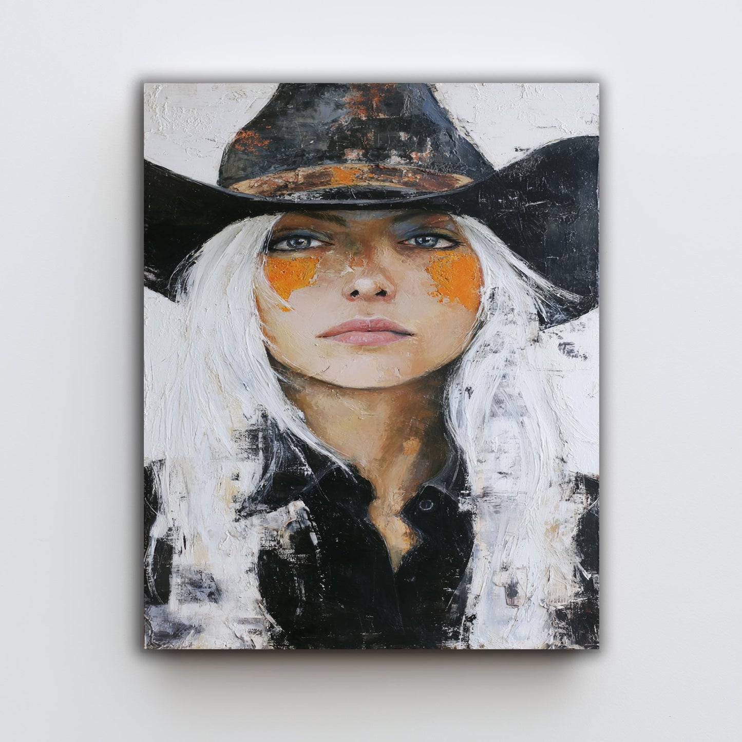 Cowgirl Portrait Abstract Oil Painting | Bold Western Woman Wall Art with White Hair & Black Hat | Textured Canvas Rustic Home Decor